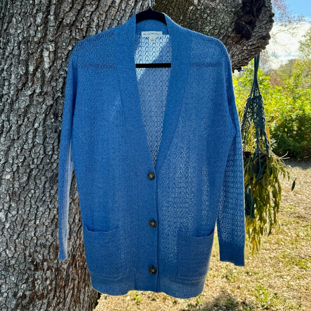 100% Cashmere White + Warren Cerulean blue lightweight oversized soft  sweater.S
